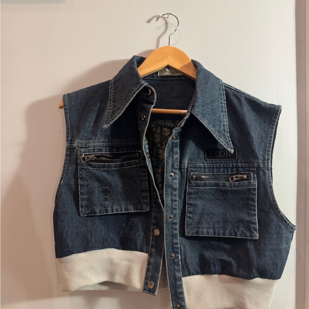 Dior Dark Blue Denim Cropped Vest with Cream Hem